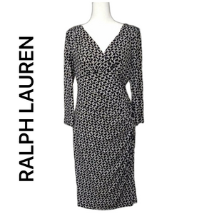 Ralph Lauren Wrapped Black Dress With White Chain Link Pattern Size 8
